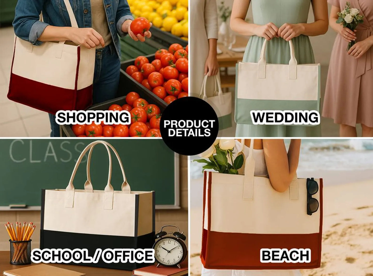 Open view of the oversized canvas tote – shows spacious interior made from thick cotton fabric