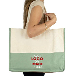 Large mint green canvas tote bag with custom logo for beach or shopping