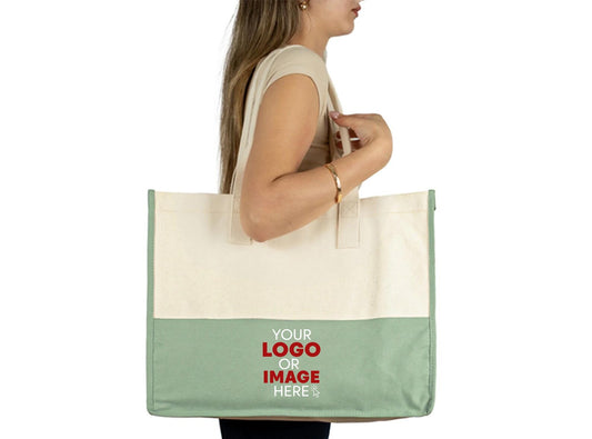 Large mint green canvas tote bag with custom logo for beach or shopping