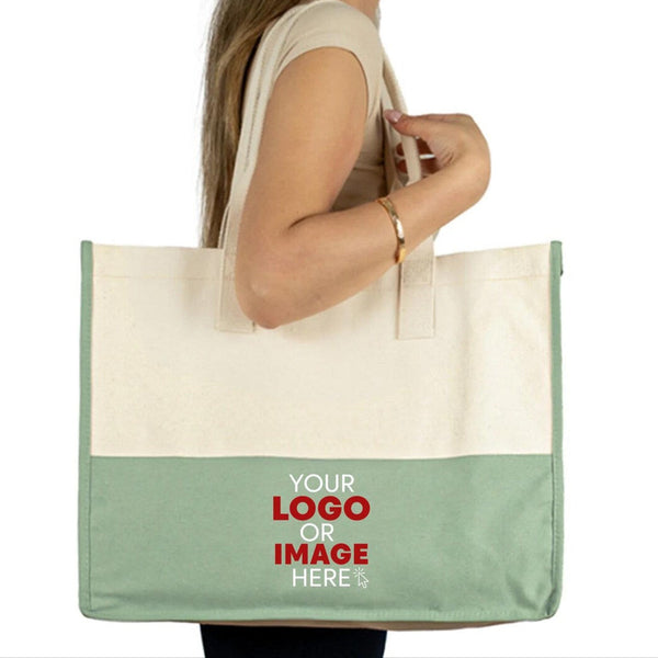 Large mint green canvas tote bag with custom logo for beach or shopping