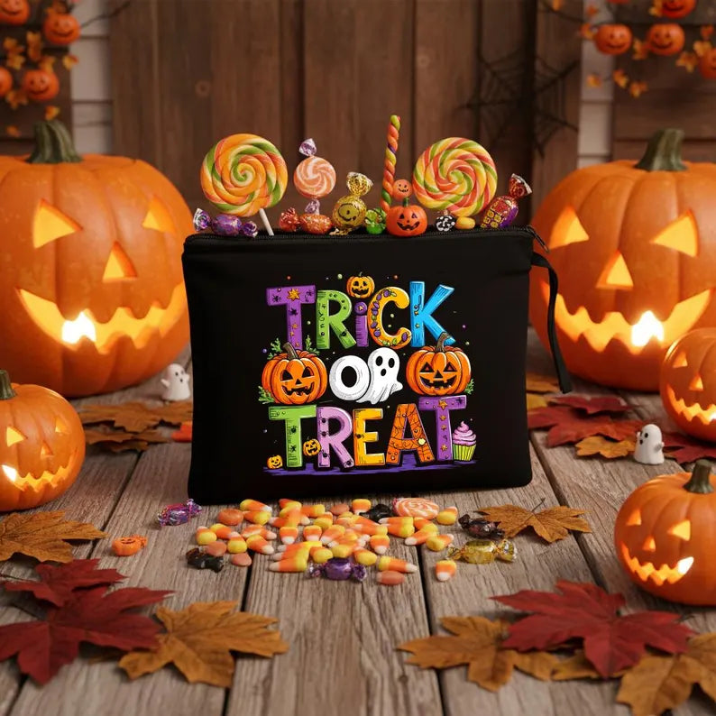 Halloween Trick or Treat Makeup Bag – Spooky Ghost Zipper Pouch for Cosmetics