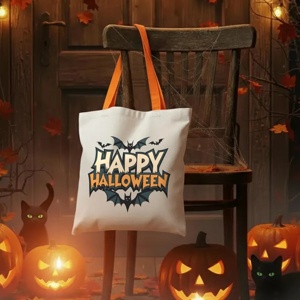 Halloween-themed tote bag with pumpkins and a cat in the background