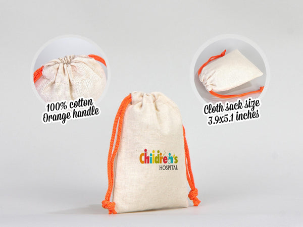 Drawstring Muslin Bags with Orange Handle – 4"W x 5"H (10 x 13 cm) – Hangover Kit Bag, Party Favor Bags, Bachelorette Gift, Jewelry Pouch
