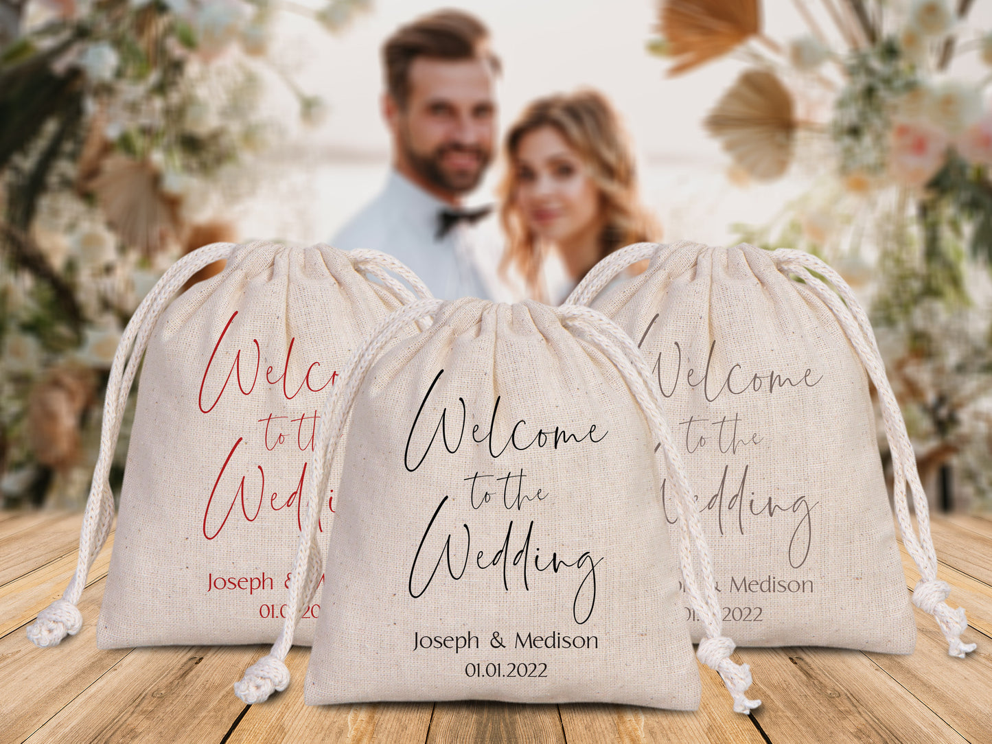 Welcome  To The Wedding, Wedding Party drawstring pouches - Custom Bridal Party Cotton Bag - Bridesmaid Sack for Wedding -