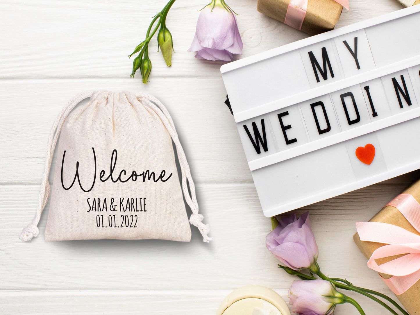 Welcome  To The Wedding, Wedding Party drawstring pouches - Custom Bridal Party Cotton Bag - Bridesmaid Sack for Wedding -