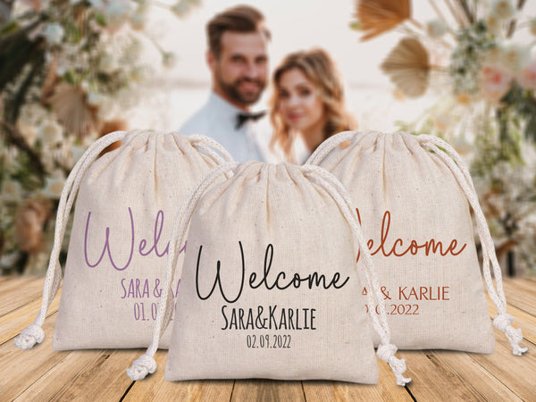 Welcome to the Wedding Pouches – Personalized Cotton Drawstring Bags for Bridal Party & Bridesmaids