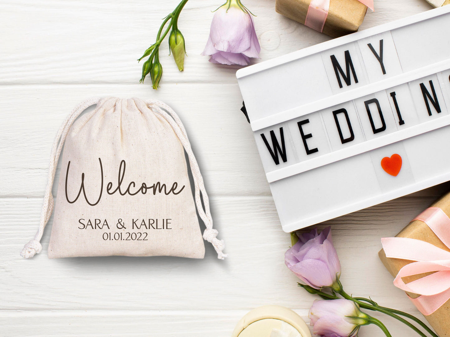 Welcome  To The Wedding, Wedding Party drawstring pouches - Custom Bridal Party Cotton Bag - Bridesmaid Sack for Wedding -