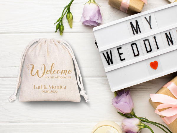 Wedding Welcome Pouch Bags – Personalized Bridal Party Drawstring Cotton Bags & Bridesmaid Gift Sacks