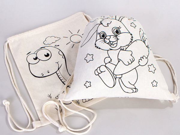 Custom Drawstring Backpacks - 14"W x 16"H (35 cm x 40 cm)  Dinosaur and Rabbit Designs - Kids Art Set - Cotton Drawstring Bags for Kids & Schools