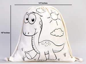 Custom Drawstring Backpacks - 14"W x 16"H (35 cm x 40 cm)  Dinosaur and Rabbit Designs - Kids Art Set - Cotton Drawstring Bags for Kids & Schools