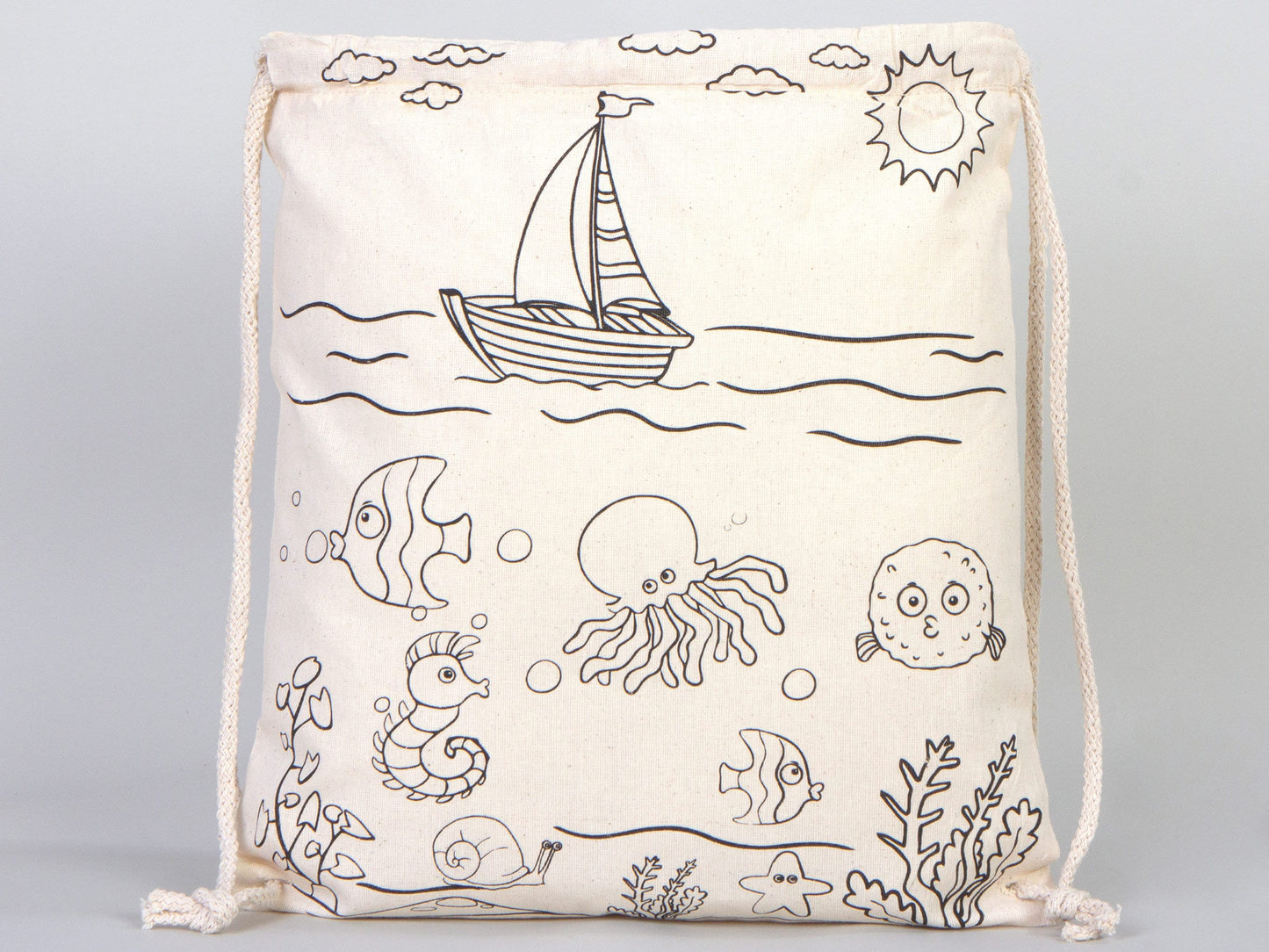 Fish Coloring Drawstring Backpack For Kids -  14"W x 16"H (35 cm x 40 cm) NO PENCIL In This Package, Ship Coloring Bag, Cotton Drawstring Bags For Kids