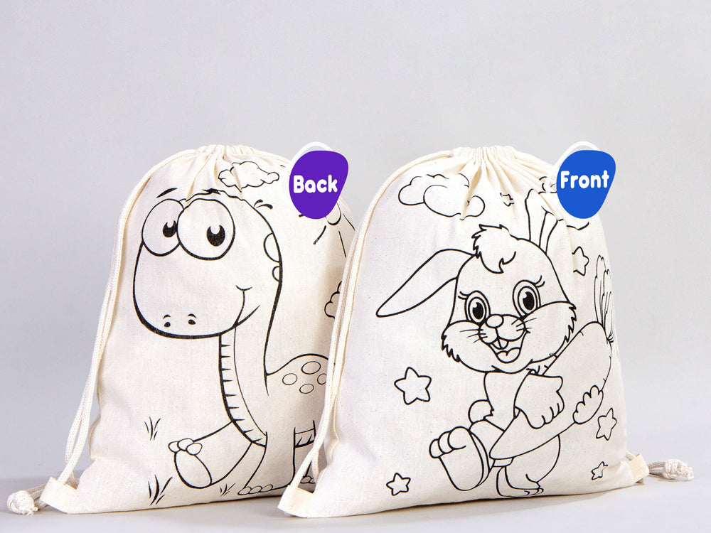 Custom Drawstring Backpacks - 14"W x 16"H (35 cm x 40 cm)  Dinosaur and Rabbit Designs - Kids Art Set - Cotton Drawstring Bags for Kids & Schools