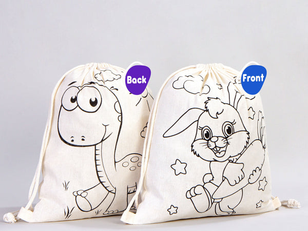 Custom Drawstring Backpacks - 14"W x 16"H (35 cm x 40 cm)  Dinosaur and Rabbit Designs - Kids Art Set - Cotton Drawstring Bags for Kids & Schools