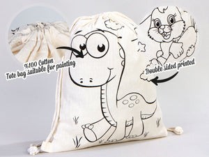 Custom Drawstring Backpacks - 14"W x 16"H (35 cm x 40 cm)  Dinosaur and Rabbit Designs - Kids Art Set - Cotton Drawstring Bags for Kids & Schools