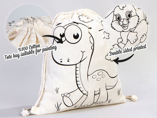 Custom Drawstring Backpacks - 14"W x 16"H (35 cm x 40 cm)  Dinosaur and Rabbit Designs - Kids Art Set - Cotton Drawstring Bags for Kids & Schools