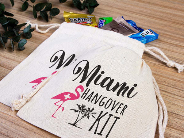 Miami Hangover Kit Bags, Survival Kit Bags Wedding Recovery Kit Party Bachelorette Birthday Party, Organic Cotton Drawstring Pouchs Bag
