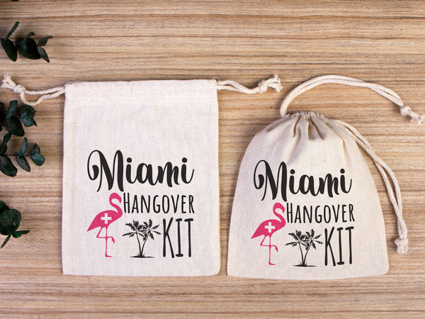 Miami Hangover Kit Bags, Survival Kit Bags Wedding Recovery Kit Party Bachelorette Birthday Party, Organic Cotton Drawstring Pouchs Bag