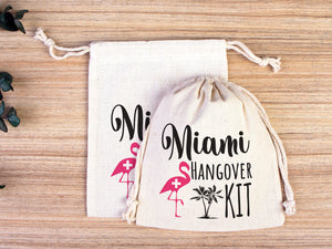 Miami Hangover Kit Bags, Survival Kit Bags Wedding Recovery Kit Party Bachelorette Birthday Party, Organic Cotton Drawstring Pouchs Bag