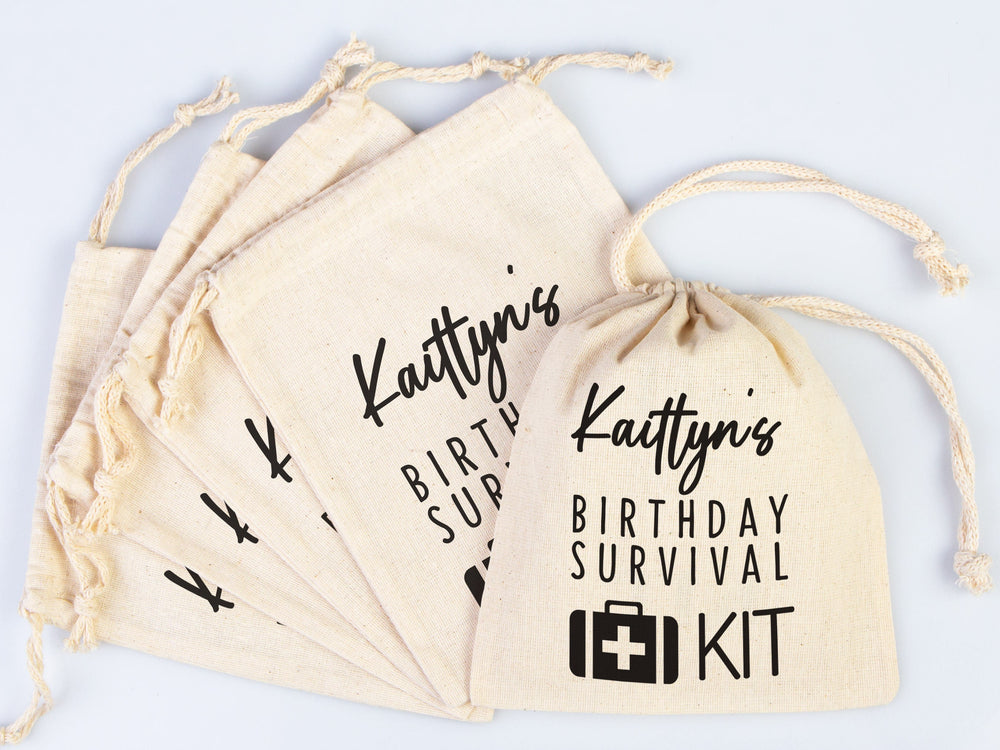 Birthday Party Pouch Bags -  Recovery Kit Party Bachelorette Custom Name Print, Organic Cotton Drawstring Pouchs Bag