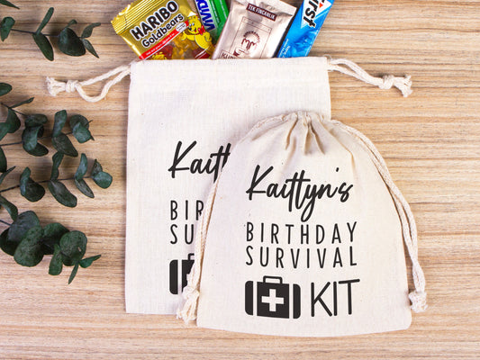 Birthday Party Pouch Bags -  Recovery Kit Party Bachelorette Custom Name Print, Organic Cotton Drawstring Pouchs Bag