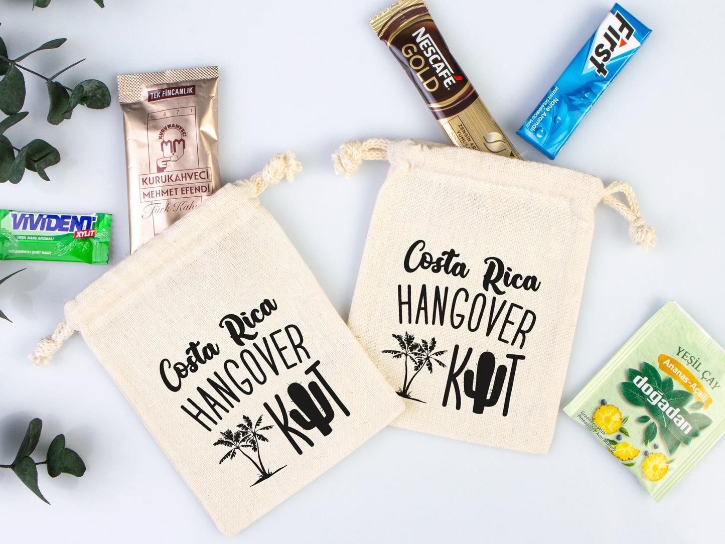 Costa Rica Hangover Bags - Custom Party Bags for Survival & Recovery Kit - Bachelorette Custom Name Print - Organic Cotton Drawstring Pouches