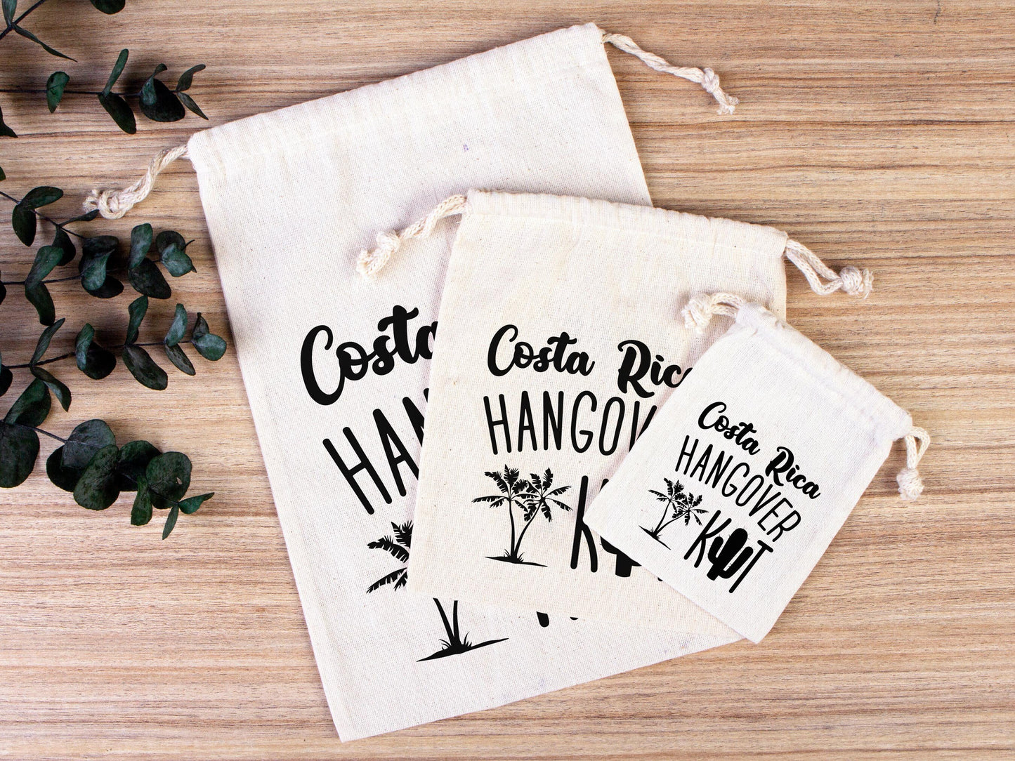 Costa Rica Hangover Bags - Custom Party Bags for Survival & Recovery Kit - Bachelorette Custom Name Print - Organic Cotton Drawstring Pouches