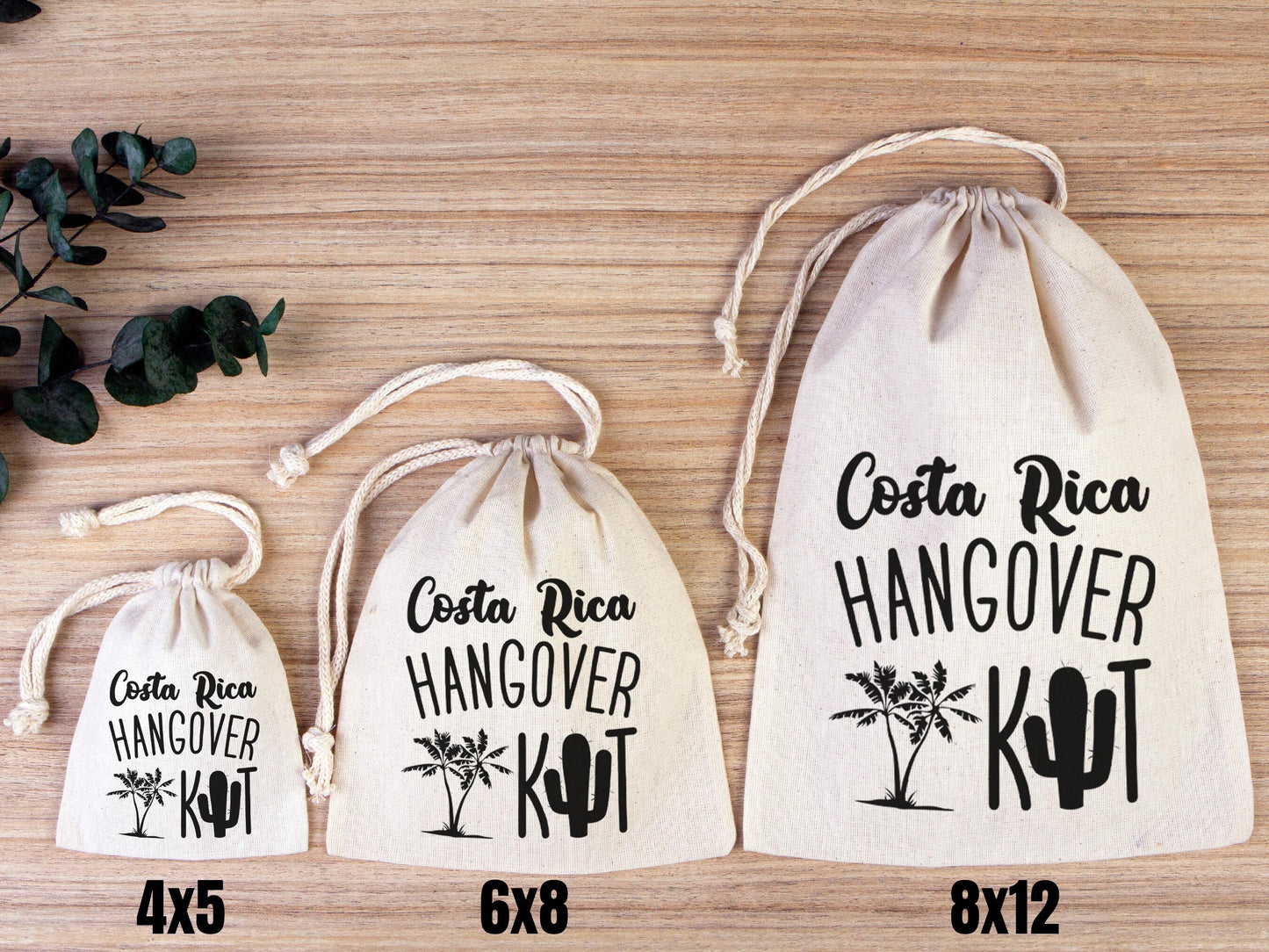 Costa Rica Hangover Bags - Custom Party Bags for Survival & Recovery Kit - Bachelorette Custom Name Print - Organic Cotton Drawstring Pouches