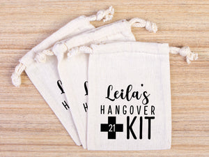 Birthday Hangover kit Bags, Recovery Kit Party Custom Name Print, Organic Cotton Drawstring Pouchs Bag