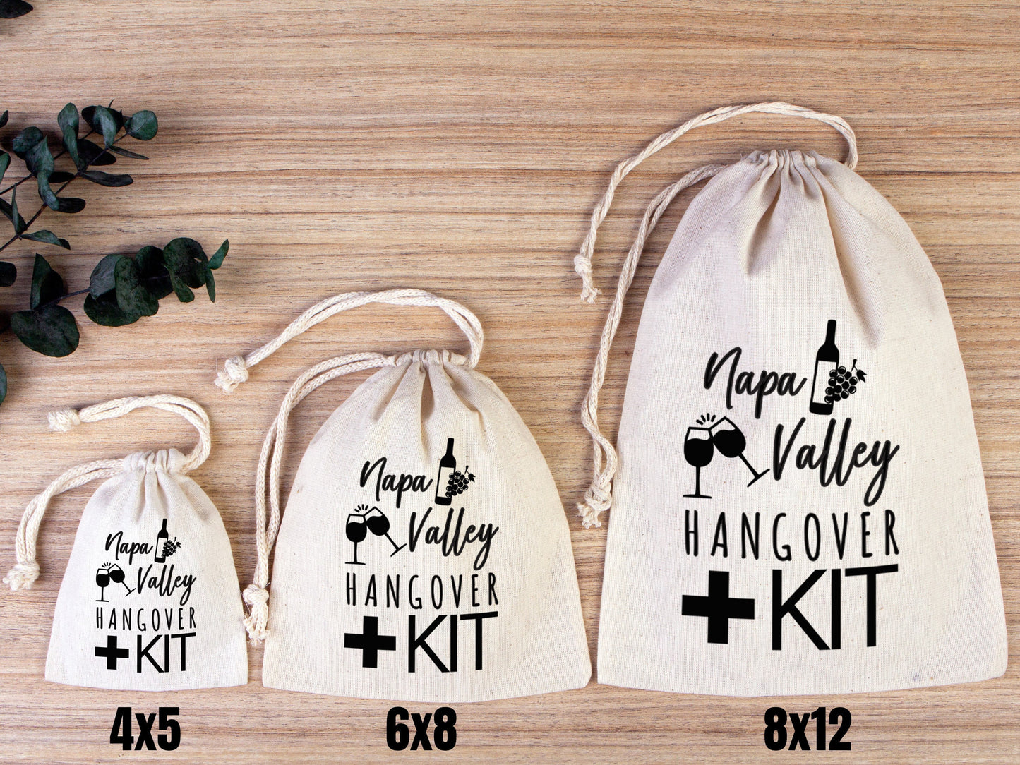 Napa Valley Hangover Bag,  Bachelorette Favor Party Bags, Recovery Party Custom Name Print, Organic Cotton Drawstring Pouchs Bag