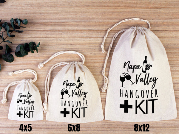 Napa Valley Hangover Bag,  Bachelorette Favor Party Bags, Recovery Party Custom Name Print, Organic Cotton Drawstring Pouchs Bag