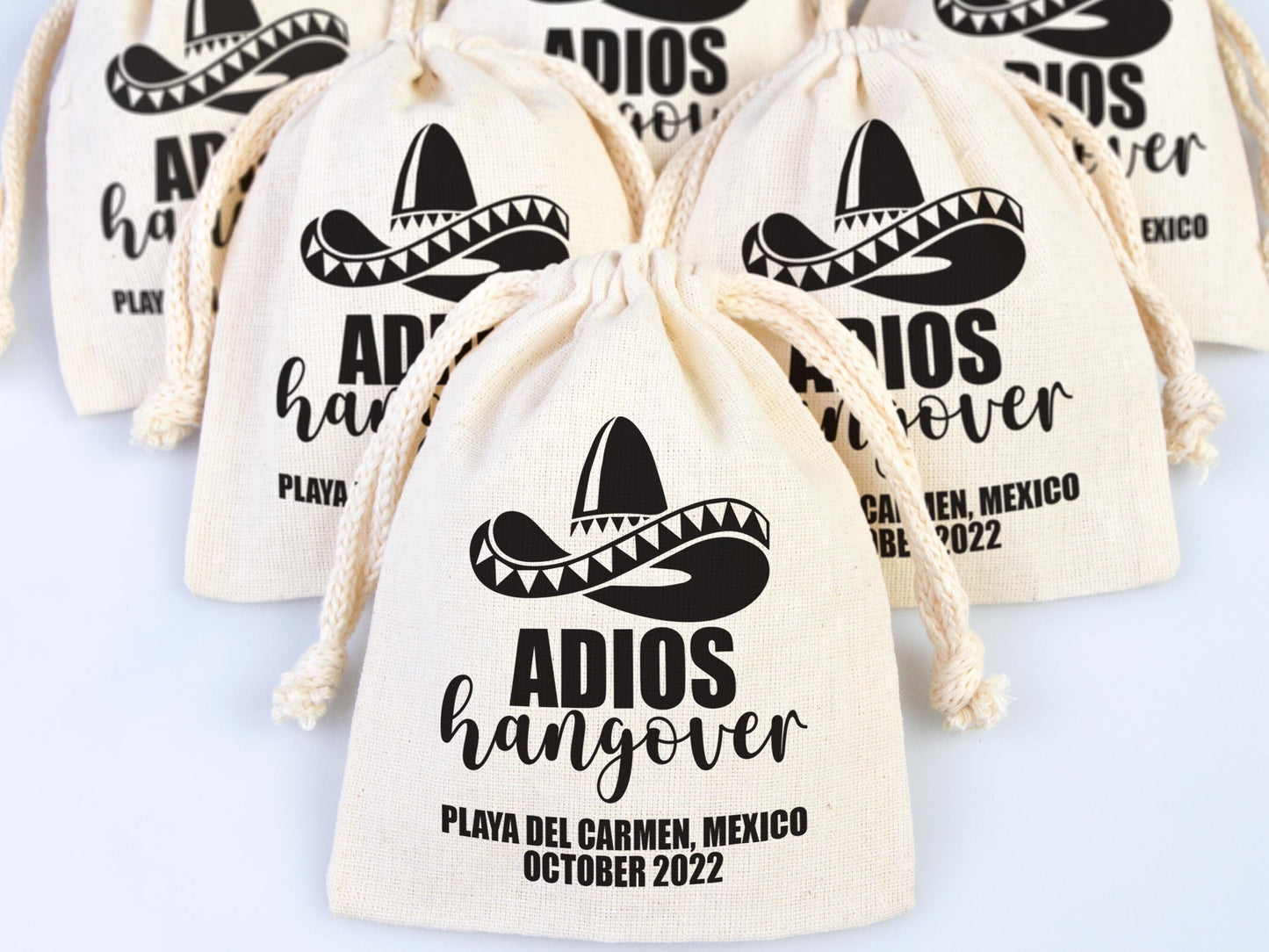 Adios Hangover Kit Bags - Raw Cotton Fabric - Party Recovery Kit Pouch - Survival Kit - Custom Mexico Hangover Bags