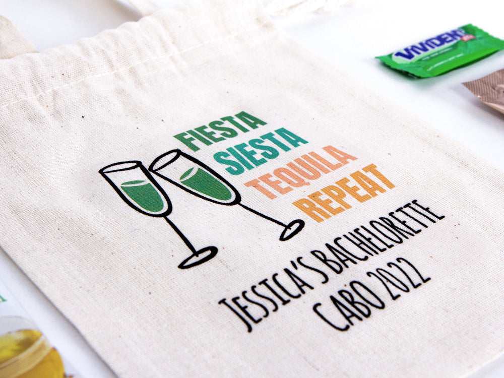 Fiesta Siesta Tequila Repeat 6"W x 8"H (15.5 cm x 20 cm) -  Hangover Kit Pouch  -  Bachelorette Party - Mexico Survival Kit - Custom Print Bags For Party