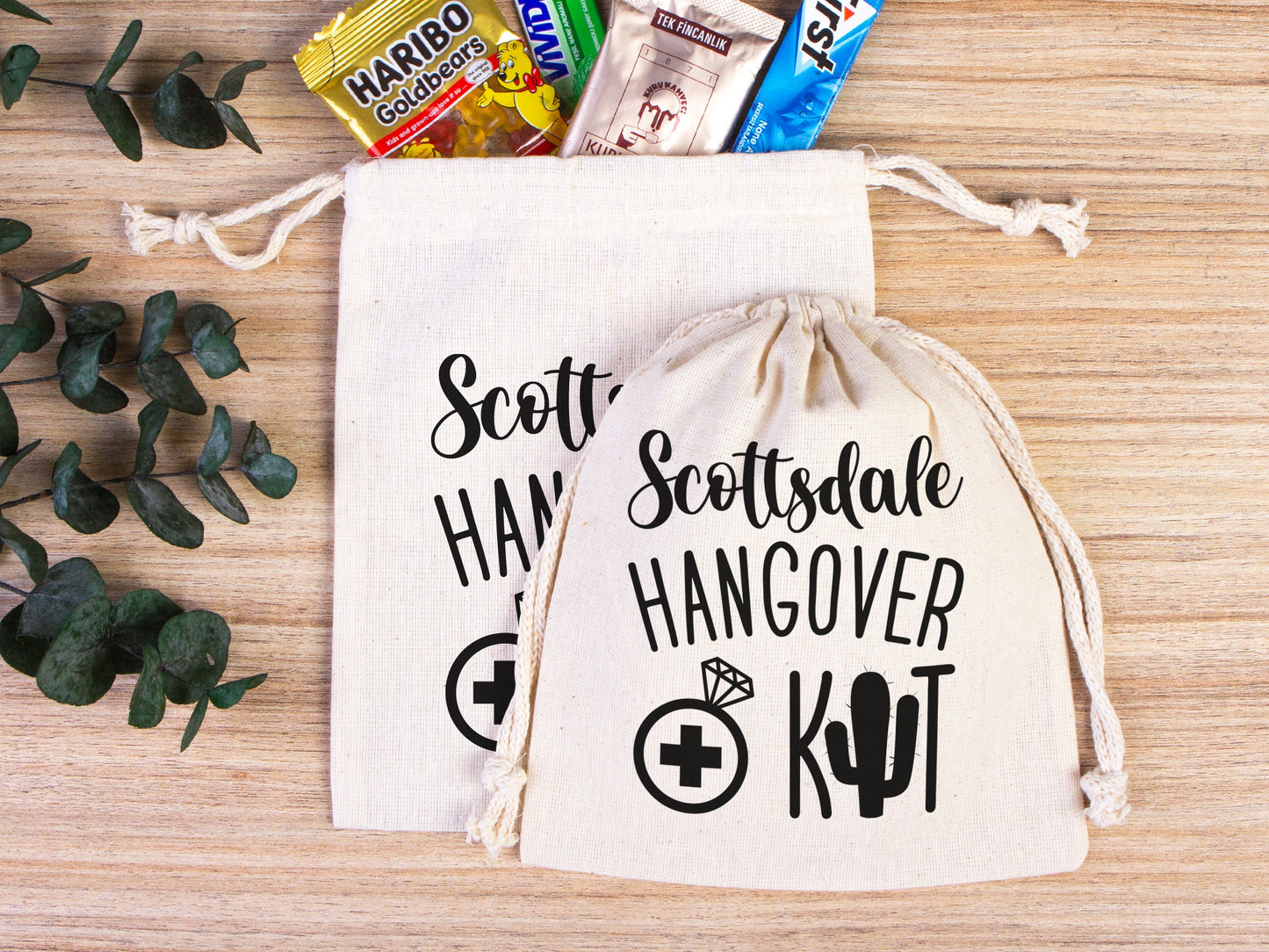 Scottsdale Hangover Bags, Hangover Kit Bags Wedding Recovery Kit Party Bachelorette Birthday Party, Organic Cotton Drawstring Pouchs Bag