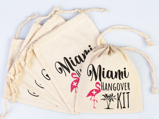 Miami Hangover Kit Bags, Survival Kit Bags Wedding Recovery Kit Party Bachelorette Birthday Party, Organic Cotton Drawstring Pouchs Bag