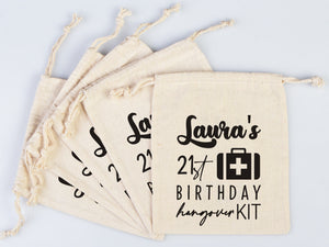 Birthday Party Hangover Kit Bags  Birthday Recovery Kit Party Bachelorette Custom Name Print, Cotton Drawstring Pouchs Bag