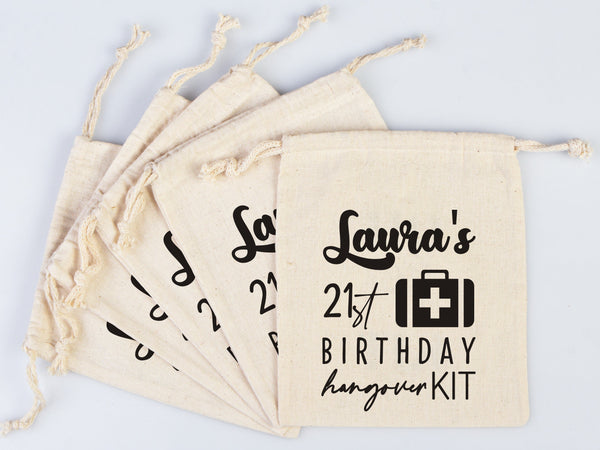 Birthday Party Hangover Kit Bags  Birthday Recovery Kit Party Bachelorette Custom Name Print, Cotton Drawstring Pouchs Bag