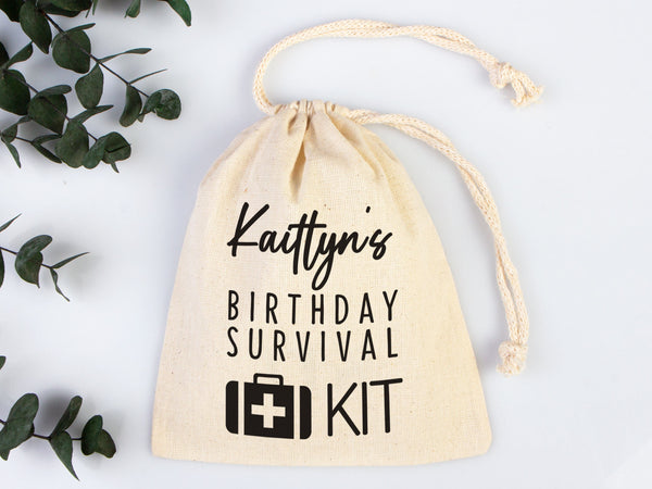 Birthday Party Pouch Bags -  Recovery Kit Party Bachelorette Custom Name Print, Organic Cotton Drawstring Pouchs Bag