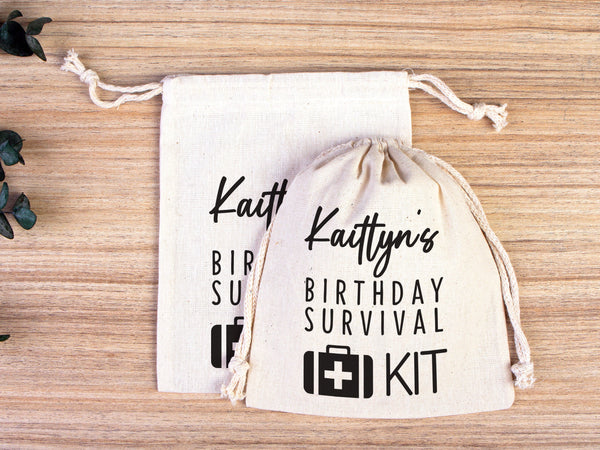 Birthday Party Pouch Bags -  Recovery Kit Party Bachelorette Custom Name Print, Organic Cotton Drawstring Pouchs Bag
