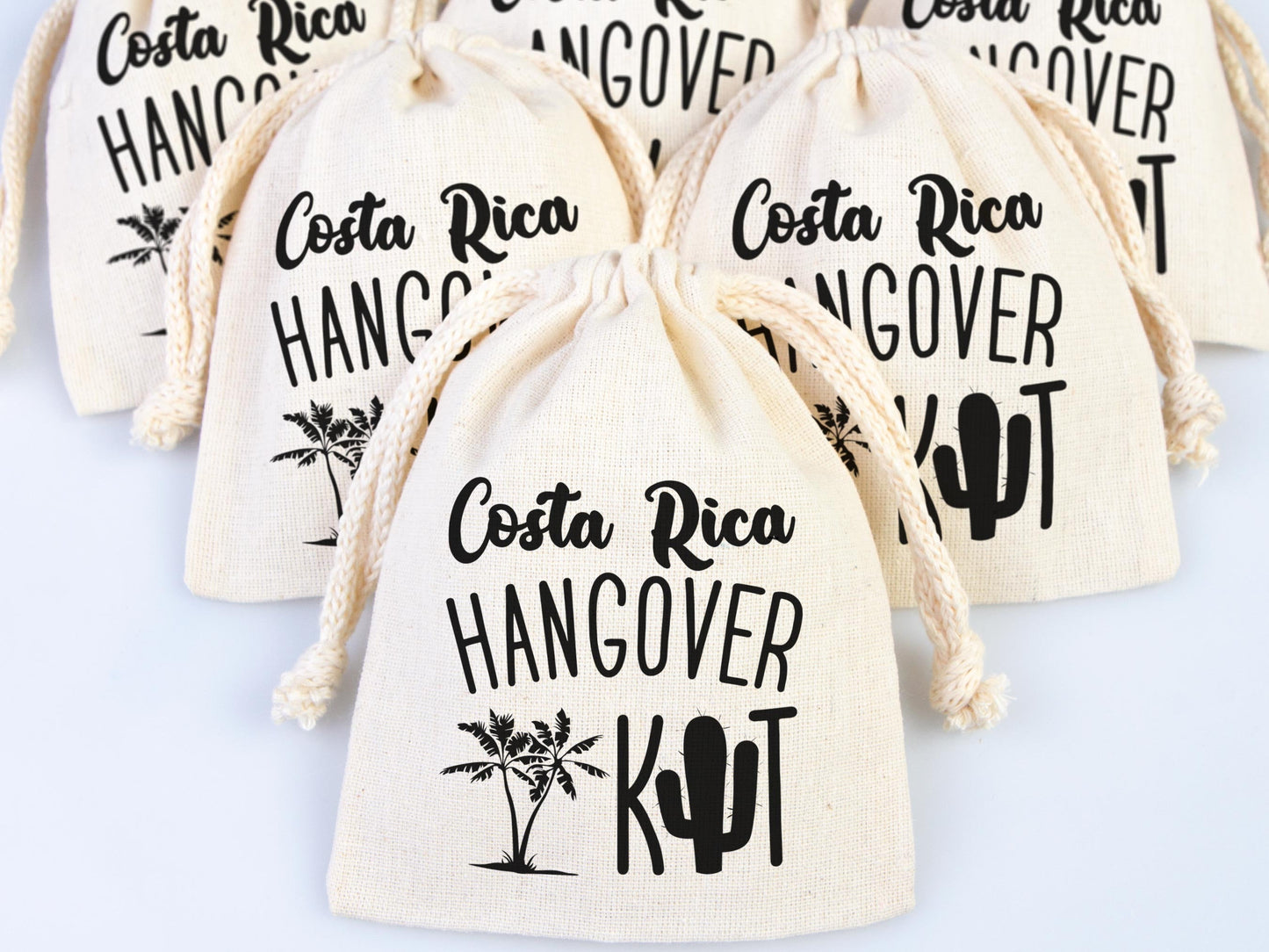 Costa Rica Hangover Bags - Custom Party Bags for Survival & Recovery Kit - Bachelorette Custom Name Print - Organic Cotton Drawstring Pouches