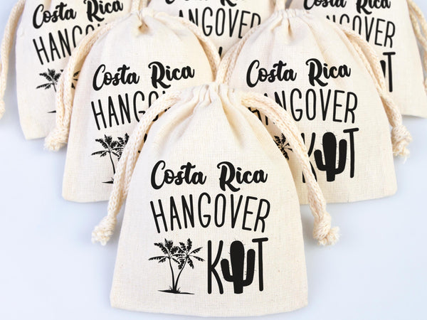 Costa Rica Hangover Bags - Custom Party Bags for Survival & Recovery Kit - Bachelorette Custom Name Print - Organic Cotton Drawstring Pouches