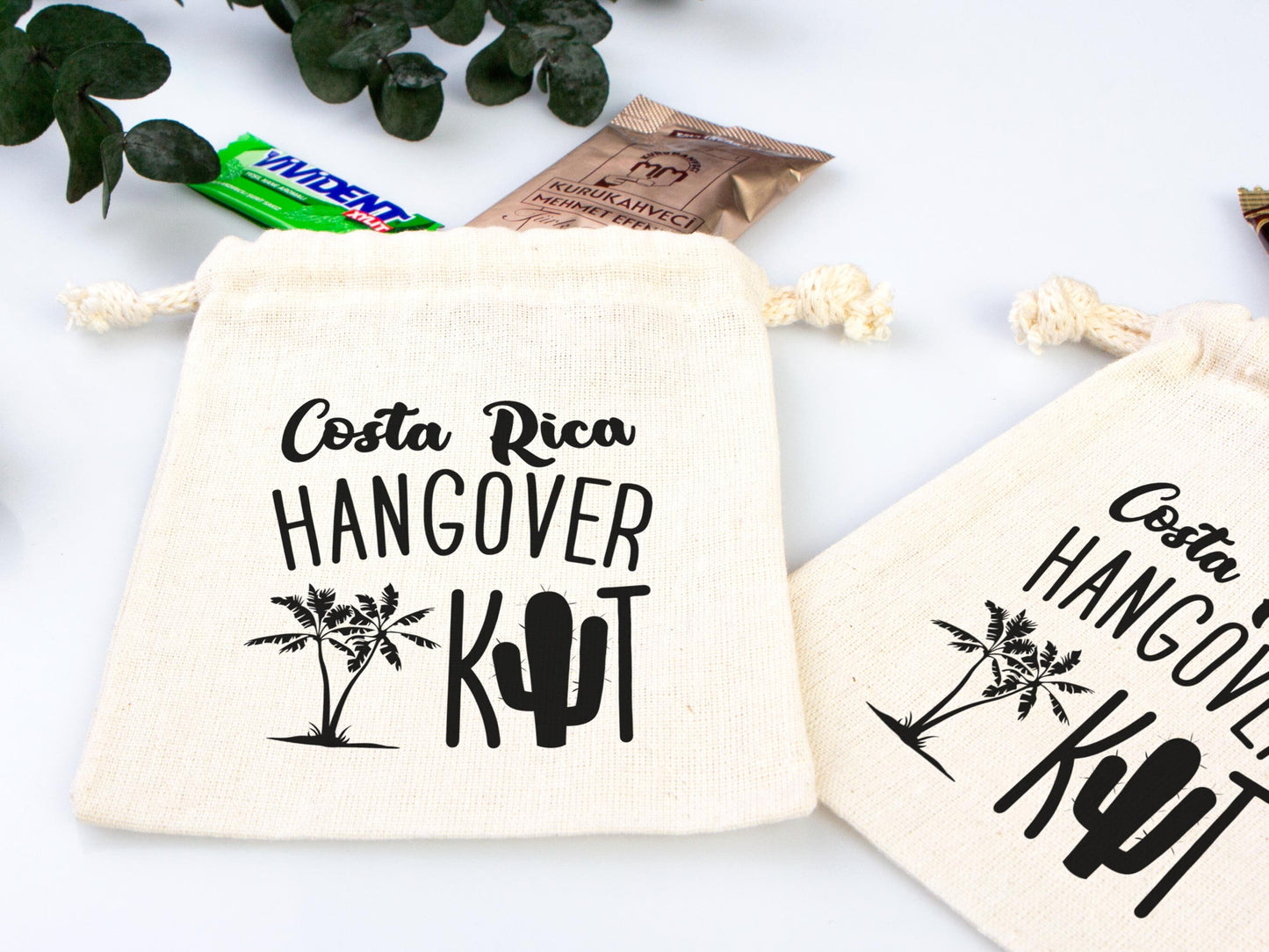 Costa Rica Hangover Bags - Custom Party Bags for Survival & Recovery Kit - Bachelorette Custom Name Print - Organic Cotton Drawstring Pouches