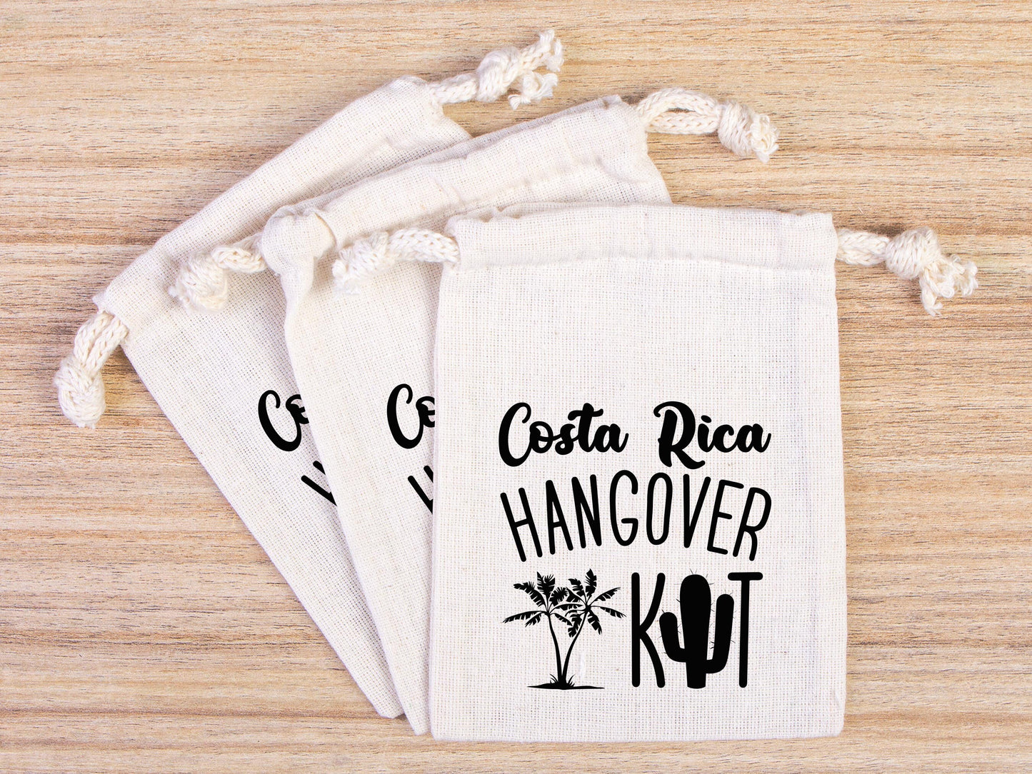 Costa Rica Hangover Bags - Custom Party Bags for Survival & Recovery Kit - Bachelorette Custom Name Print - Organic Cotton Drawstring Pouches