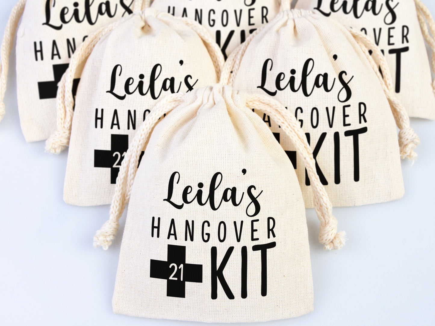 Custom Name Hangover Kit Bag - Party Bags, Survival & Recovery Kit Custom Name Print, Organic Cotton Drawstring Pouches