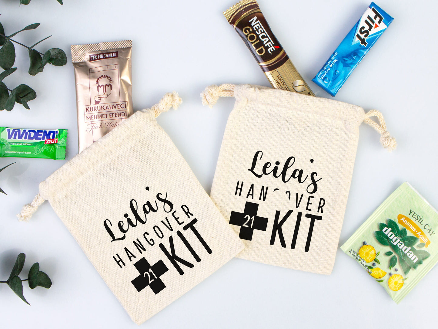 Custom Name Hangover Kit Bag - Party Bags, Survival & Recovery Kit Custom Name Print, Organic Cotton Drawstring Pouches