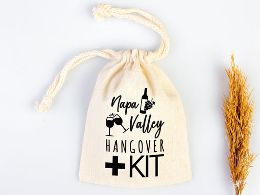 Napa Valley Hangover Bag,  Bachelorette Favor Party Bags, Recovery Party Custom Name Print, Organic Cotton Drawstring Pouchs Bag