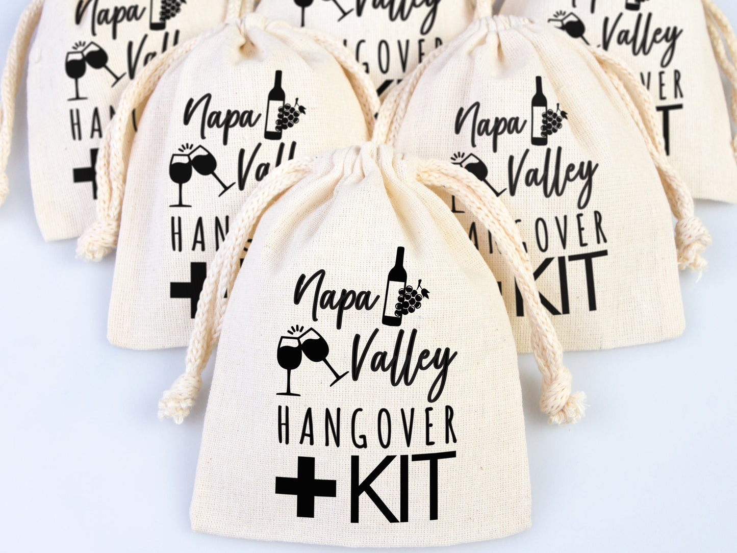 Napa Valley Hangover Bag,  Bachelorette Favor Party Bags, Recovery Party Custom Name Print, Organic Cotton Drawstring Pouchs Bag