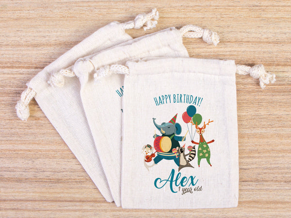 Happy 1st Birthday Favour Bags,  Custom Party Bags for first birthday, Personalized Favor Bags - Custom Goodie Bags - Happy Animals For Kids