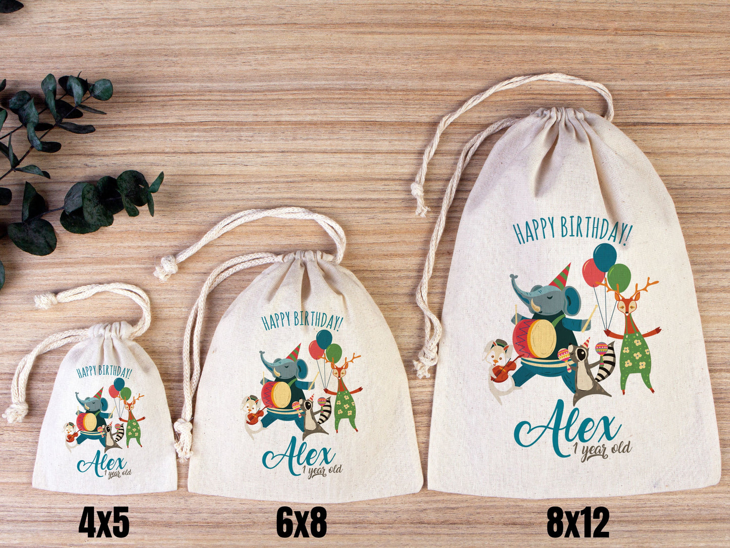 Happy 1st Birthday Favour Bags,  Custom Party Bags for first birthday, Personalized Favor Bags - Custom Goodie Bags - Happy Animals For Kids