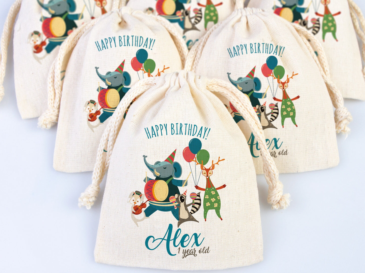 Happy 1st Birthday Favour Bags,  Custom Party Bags for first birthday, Personalized Favor Bags - Custom Goodie Bags - Happy Animals For Kids