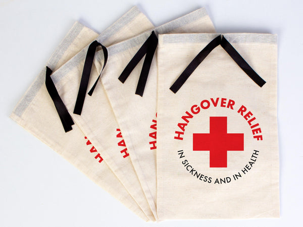 Hangover relief in sicknees and health kit bags, Hangover bags with Black Ribbon,  Hangover kit bags, Wedding Recovery Kit Party bags